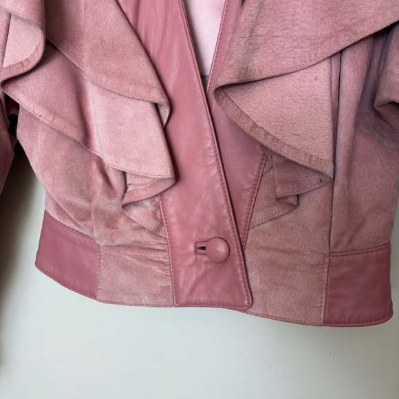 Vintage 80s Danier Pink Suede & Leather Cropped Jacket | Ruffle Collar Statement - Picture 5 of 12